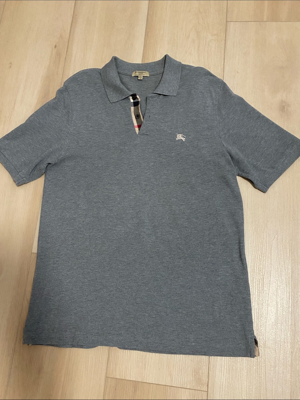 Authentic Burberry Heather Gray Men's Polo with Signature Check Trim